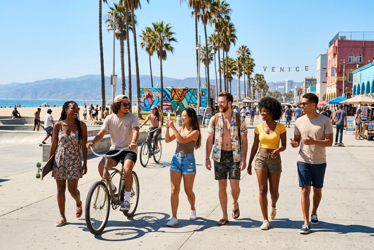 A group of young people enjoying a sunny day outdoors near palm trees with the Los Angeles skyline in the background.