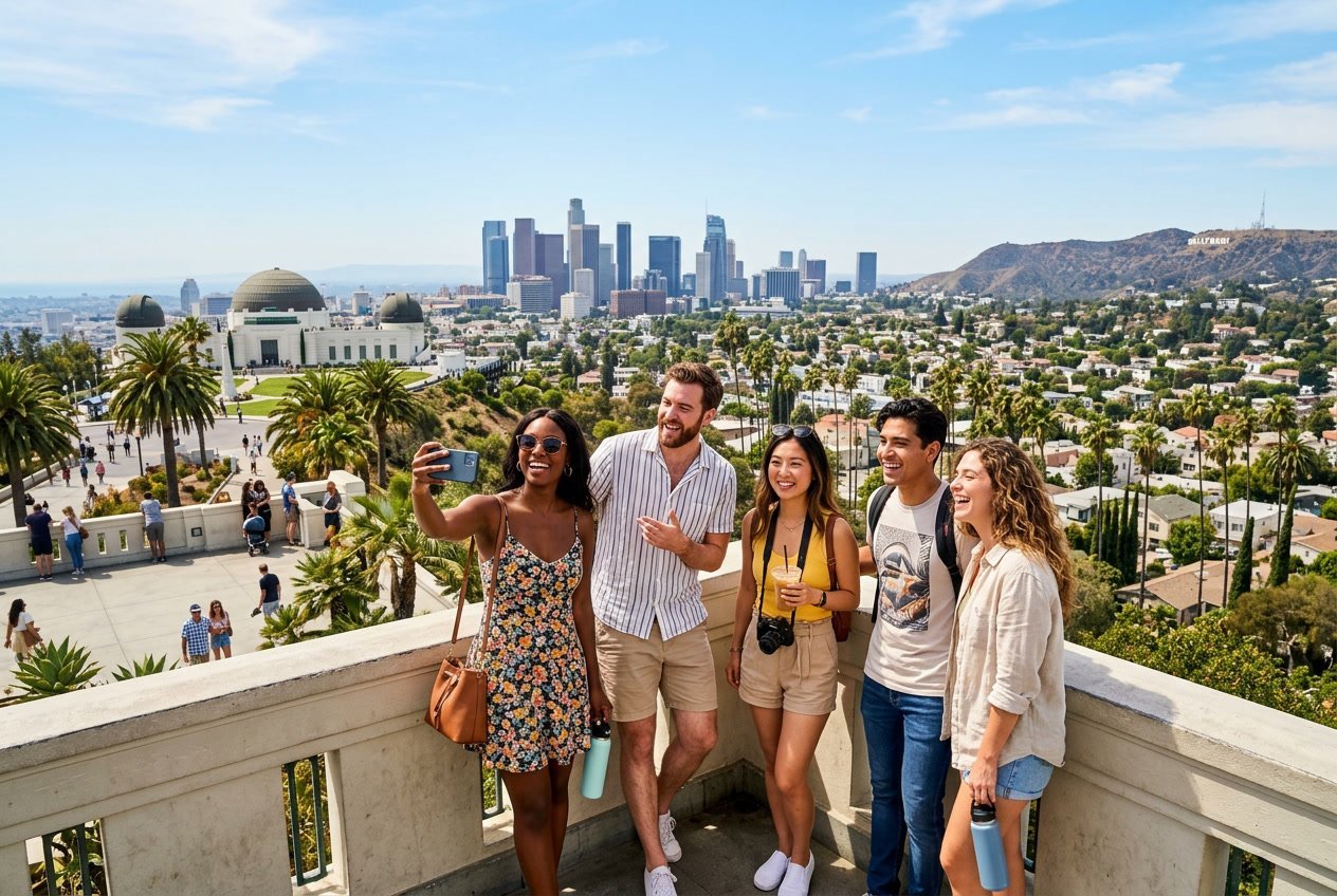 A group of young people enjoying a sunny day outdoors with palm trees and the Los Angeles city skyline in the background.