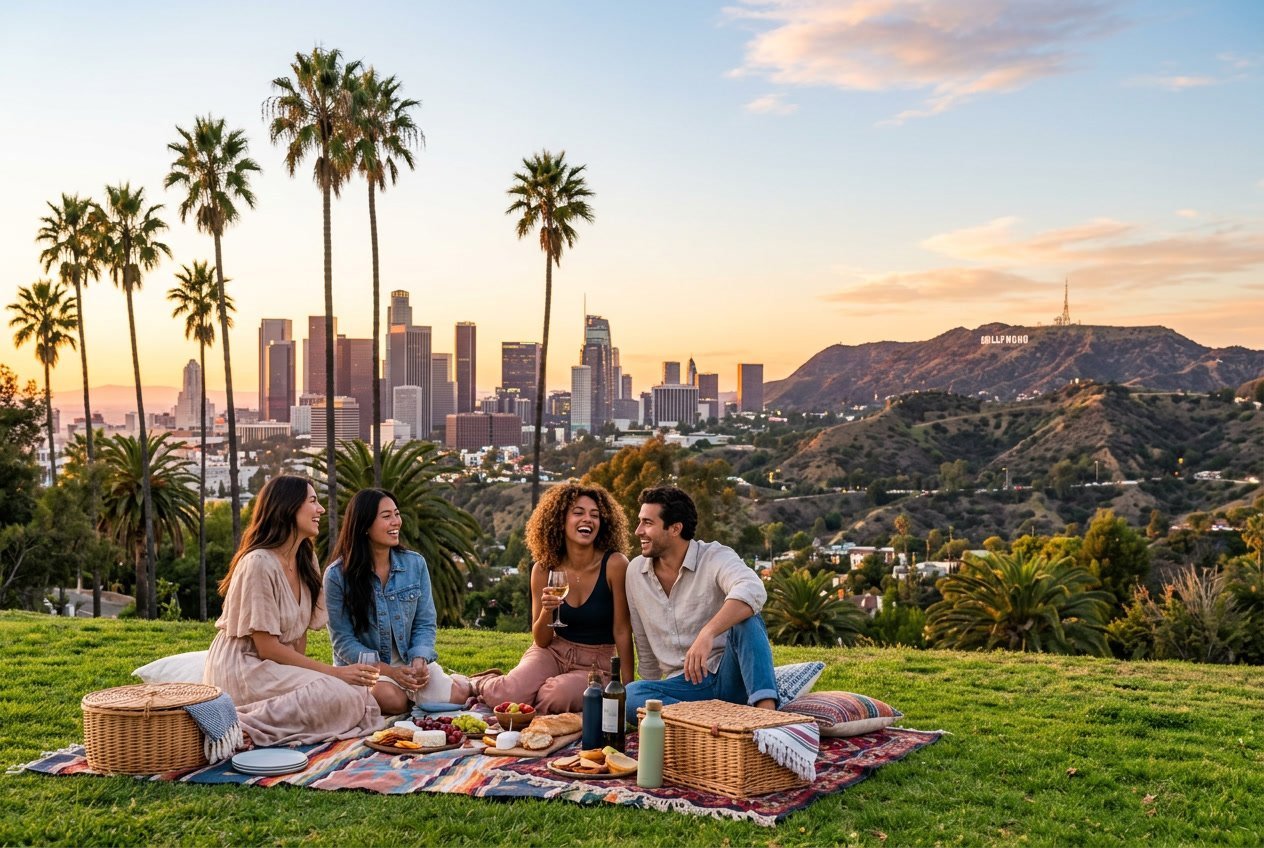 A group of people enjoying a picnic on a hilltop park with palm trees, overlooking the Los Angeles skyline and the Hollywood Sign at sunset.