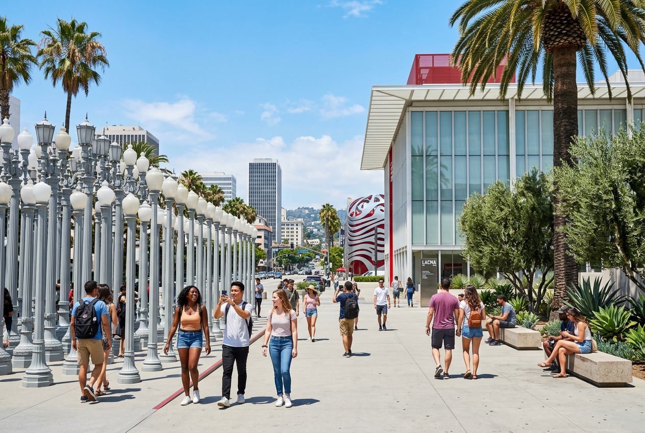 Visitors enjoying a sunny day outside a modern museum surrounded by palm trees in Los Angeles.