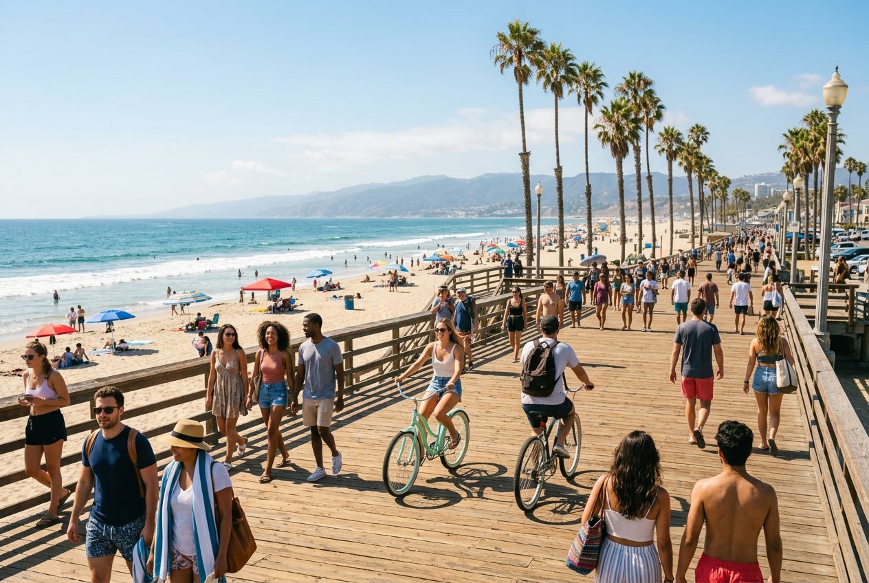 Sunny California beach with ocean waves, palm trees, and a busy wooden boardwalk filled with people enjoying outdoor activities.