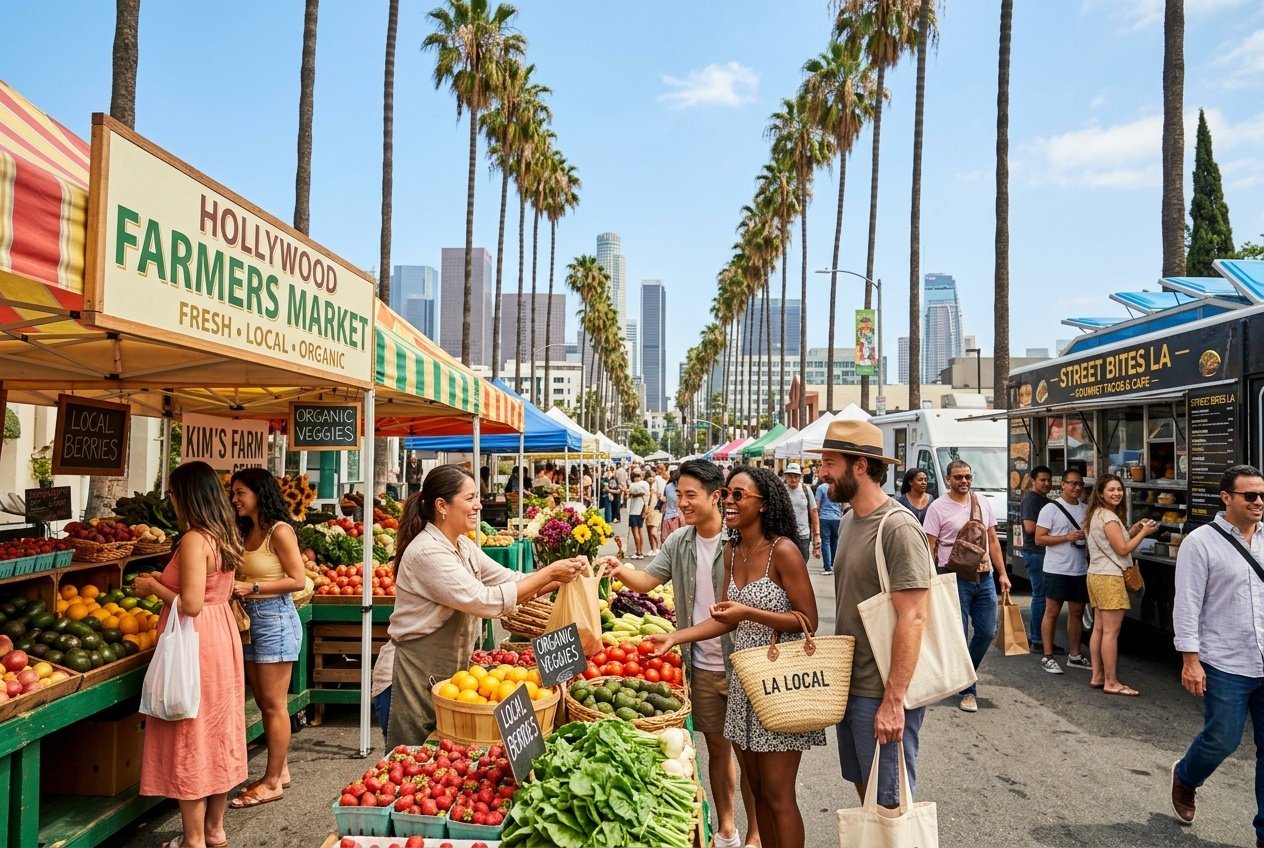 People shopping at an outdoor farmers market with fresh produce, palm trees, and urban buildings in the background on a sunny day.