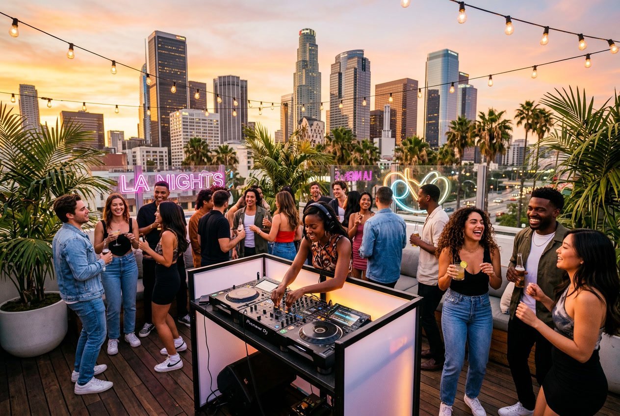 A group of young adults enjoying a rooftop party at sunset with the Los Angeles skyline and palm trees in the background.
