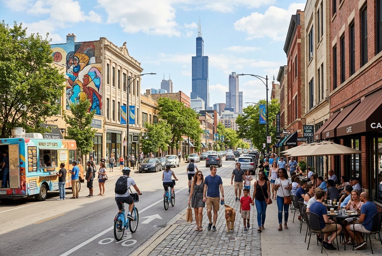 People enjoying a sunny day in a vibrant Chicago neighborhood with historic buildings, outdoor cafes, and street art.