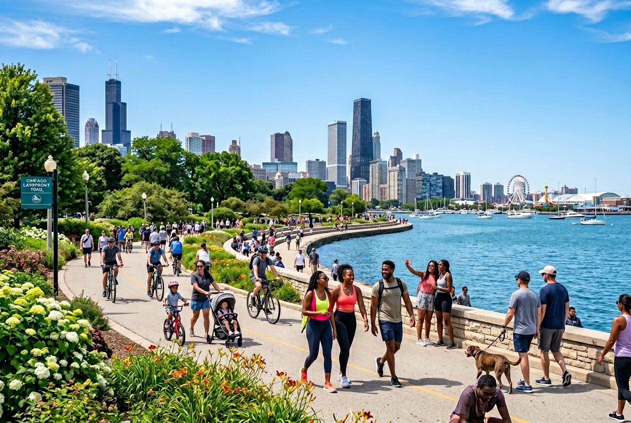 People walking and biking along a lakeside trail with Chicago skyline and lake in the background on a sunny day.