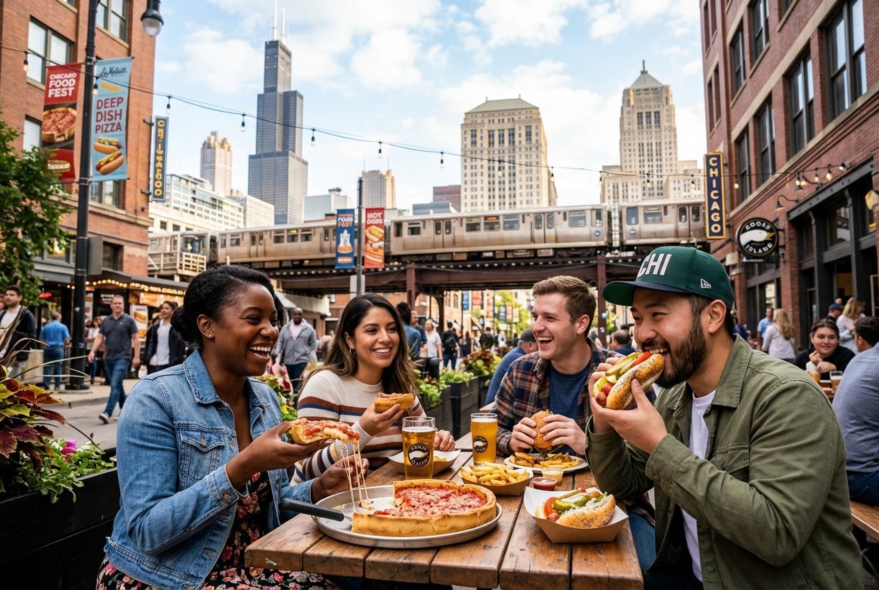 People enjoying iconic Chicago foods outdoors with the city skyline in the background on a sunny day.