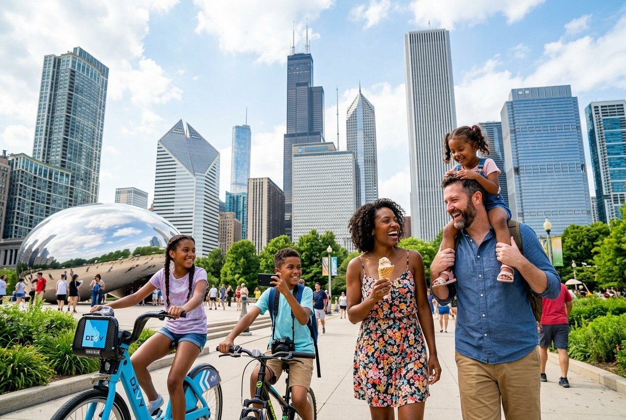 A family enjoying a sunny day exploring Chicago with city landmarks and skyline in the background.