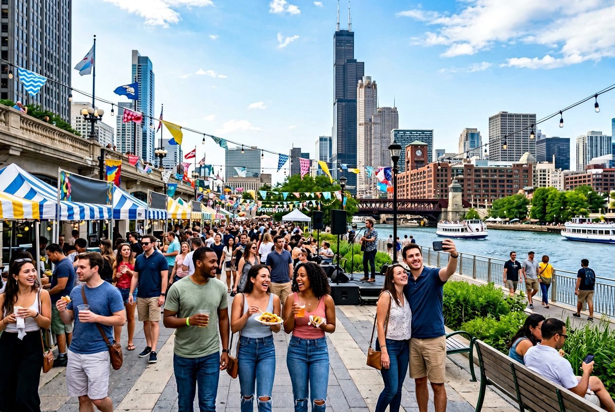 People enjoying a lively outdoor festival in Chicago with city buildings in the background.