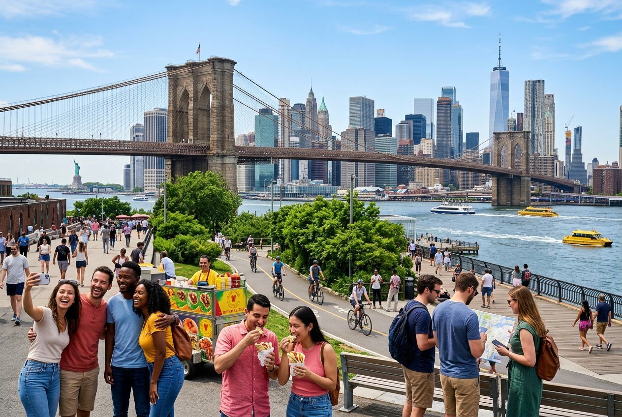 A busy New York City scene with tourists and locals enjoying outdoor activities near iconic landmarks like the Statue of Liberty, Brooklyn Bridge, and Manhattan skyline on a sunny day.