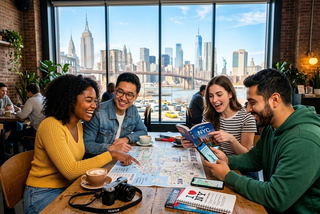 A group of people planning a New York City trip around a table with maps and guidebooks, with the NYC skyline visible through a window behind them.