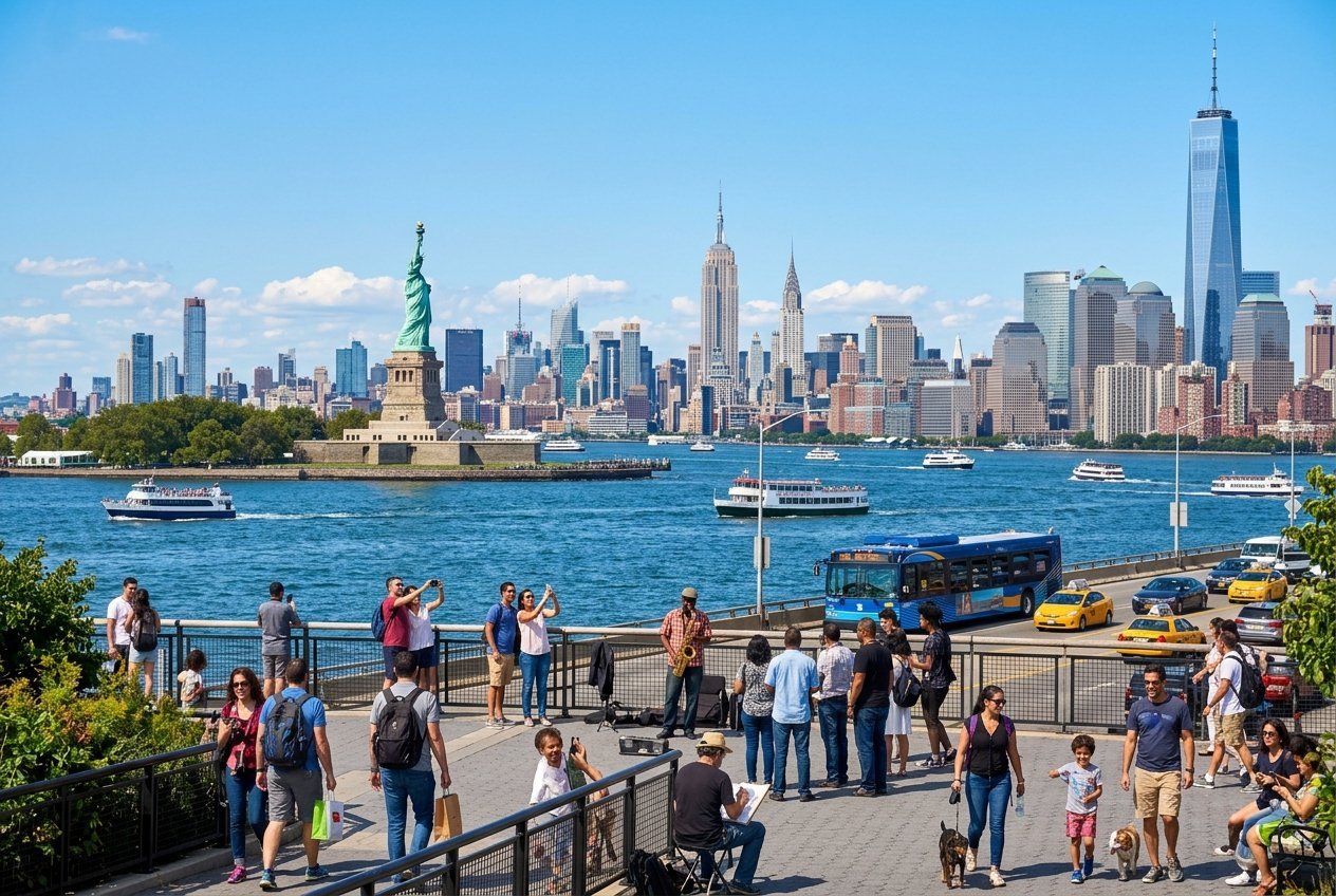 View of the Statue of Liberty with the Manhattan skyline in the background and people walking along the waterfront on a sunny day.