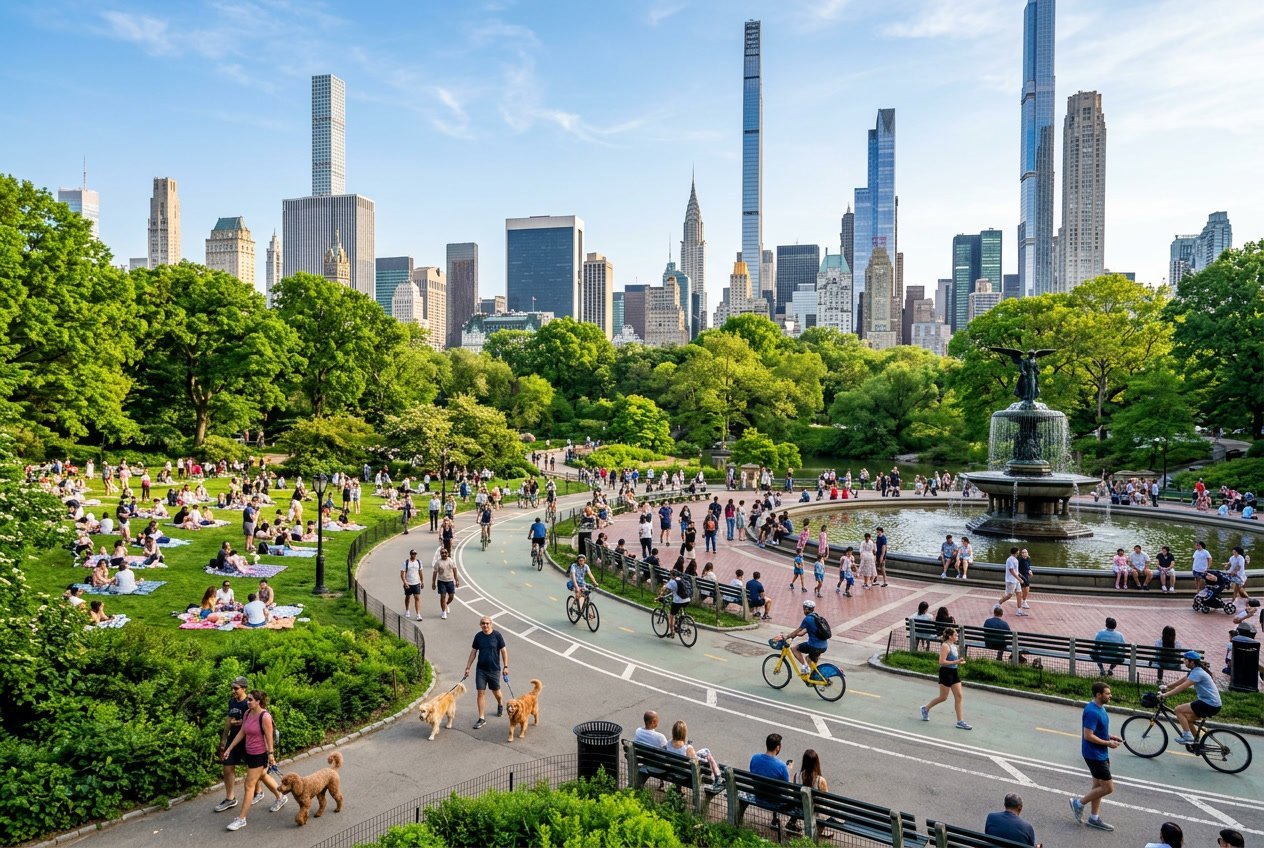 People enjoying a sunny day in a busy New York City park with trees, grass, and city skyline in the background.