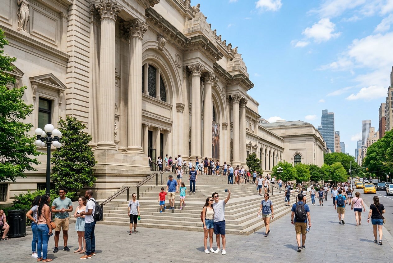Visitors outside a famous New York City museum on a sunny day with clear skies and city architecture in the background.