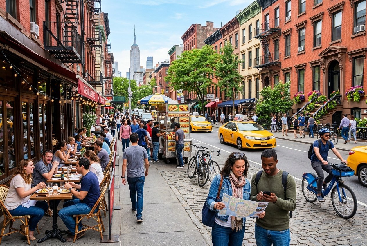 A busy New York City street scene with people walking, outdoor cafes, street vendors, and brownstone buildings under daylight.