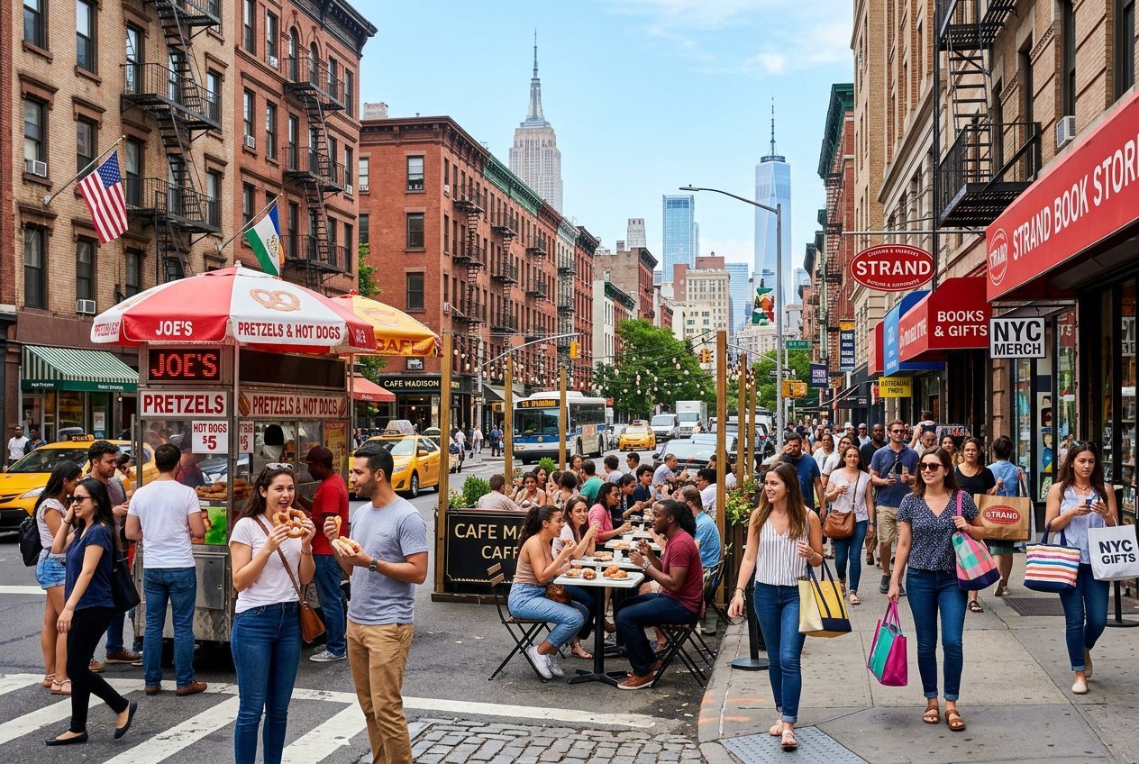 People enjoying street food and shopping on a lively New York City street with buildings and skyscrapers in the background.