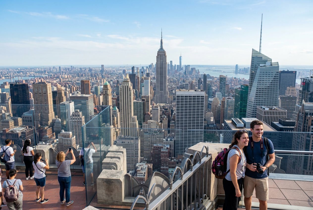 View of New York City skyline from an observation deck with skyscrapers and people enjoying the scene.