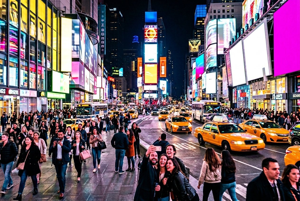 Crowded Times Square in New York City at night with bright lights, people walking, and yellow taxis on the street.