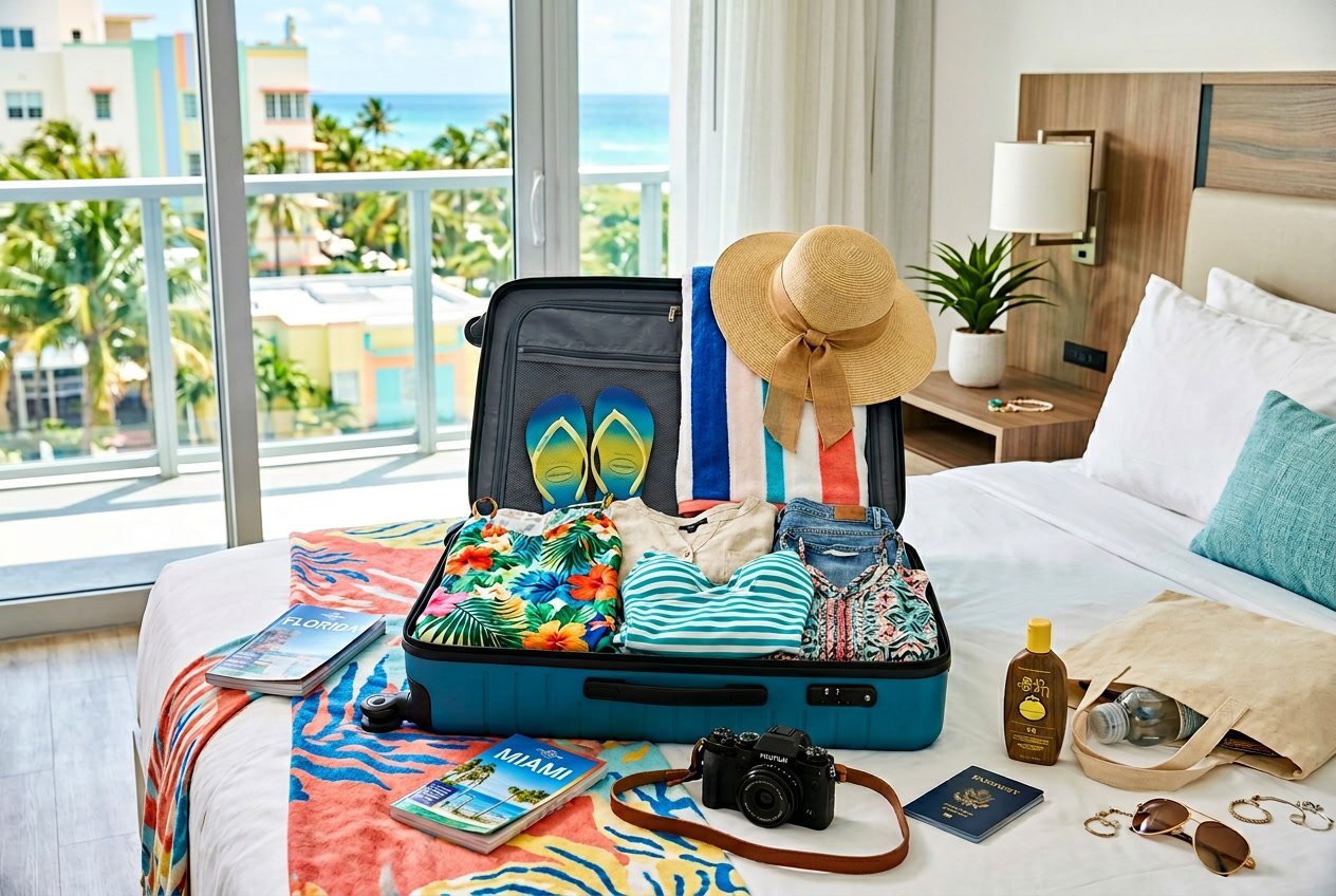 Open suitcase on a bed packed with colorful summer clothes and travel essentials in a bright room.