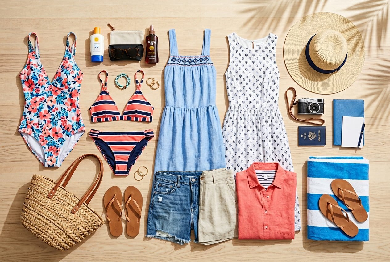 A flat lay of summer clothing and travel accessories for a Florida vacation, including swimsuits, hats, sunglasses, and sunscreen on a light wooden surface.