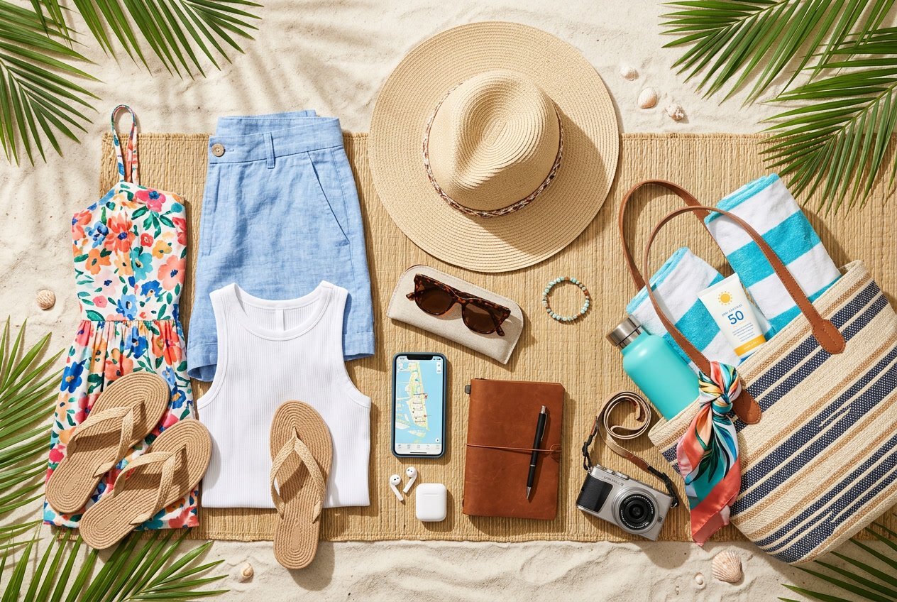 Flat lay of summer clothing and travel accessories including sunglasses, sun hat, sunscreen, and beach bag arranged on a bright surface.