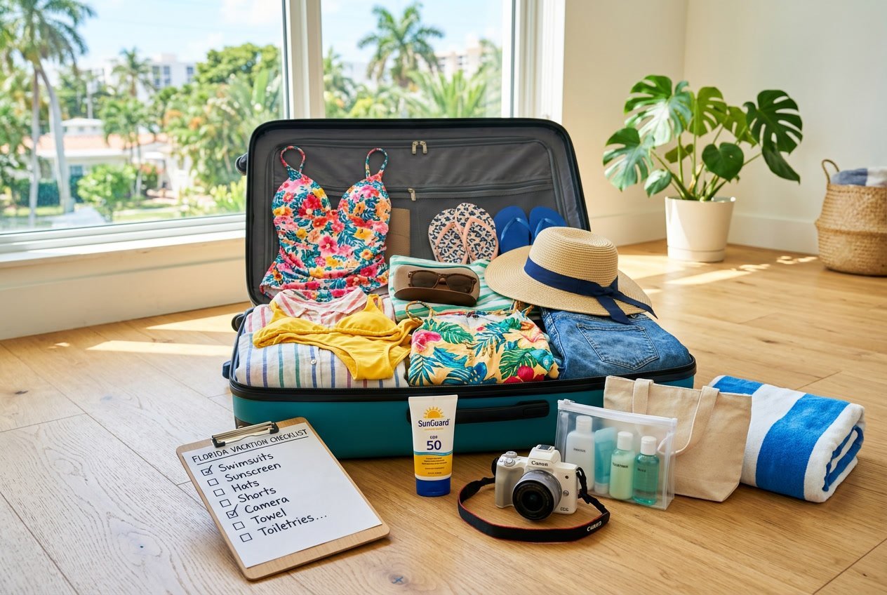 An open suitcase packed with colorful summer clothes and travel essentials next to a packing list on a clipboard in a bright room with tropical plants.