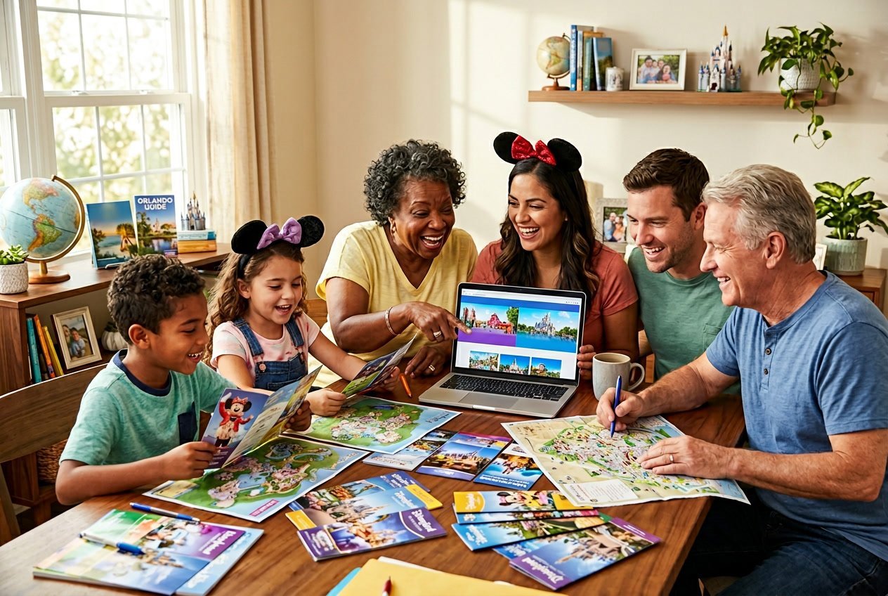 A family gathered around a table with maps and a laptop, planning a trip to Disneyland and Orlando theme parks.