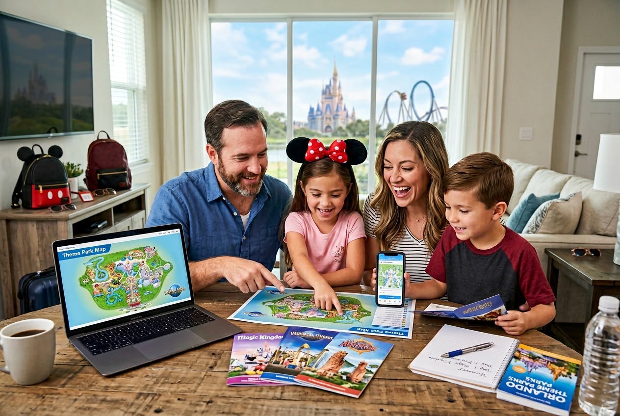 A family of four planning their visit to Disney and Universal theme parks using a laptop, brochures, and a smartphone in a bright living room.