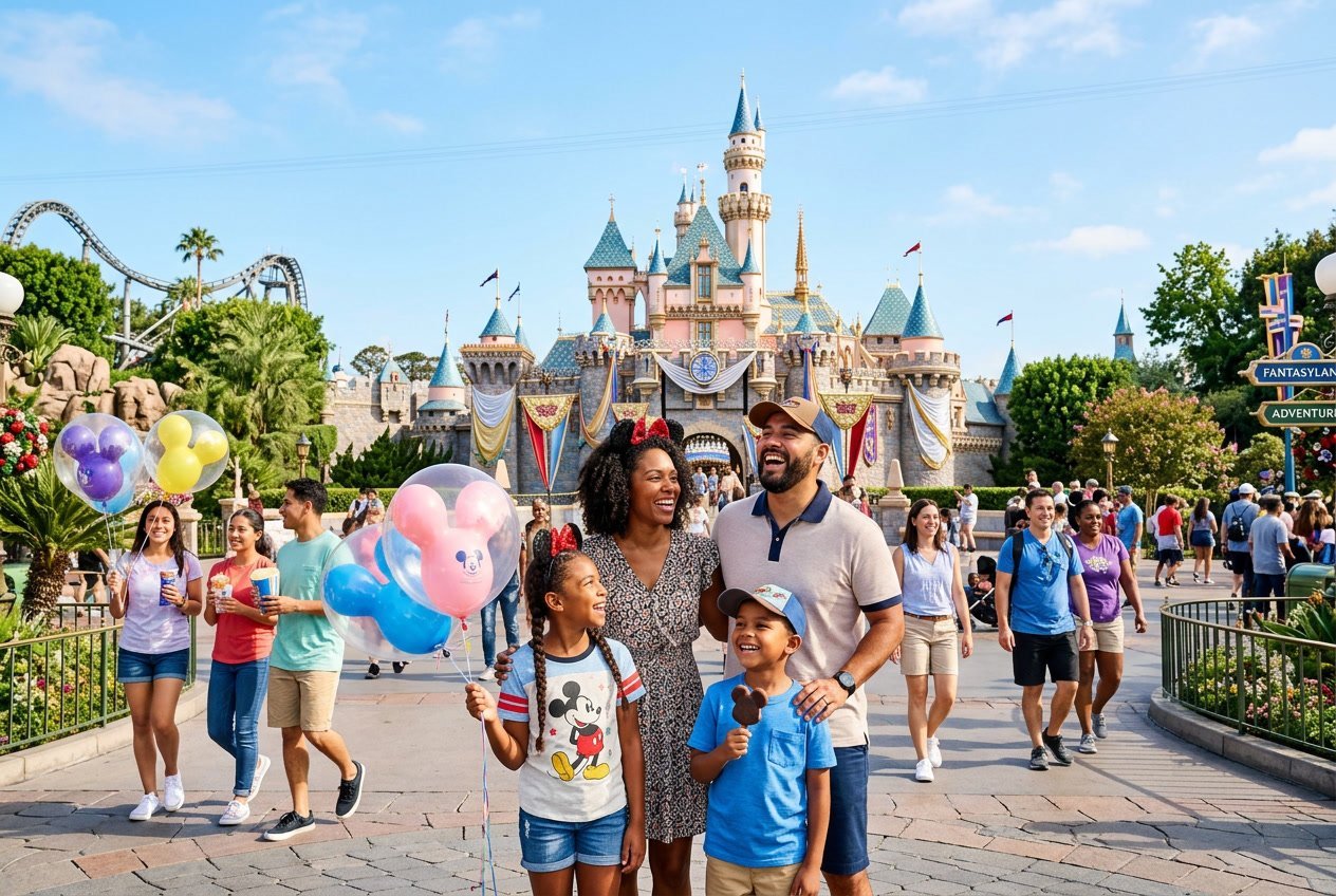 A family smiling and enjoying a day at a Disney theme park with the castle and rides in the background.