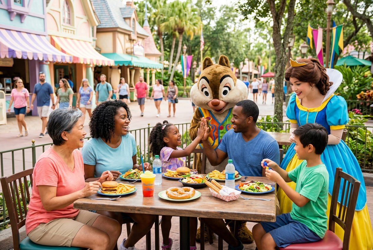 A family enjoying snacks and meals outdoors while interacting with costumed theme park characters at a busy theme park.