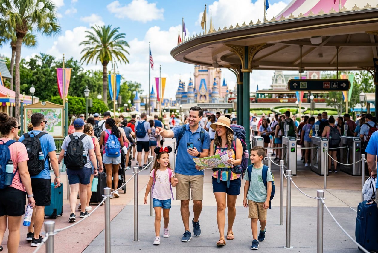 Travelers waiting in line at a theme park entrance with signs, maps, and sunny weather.