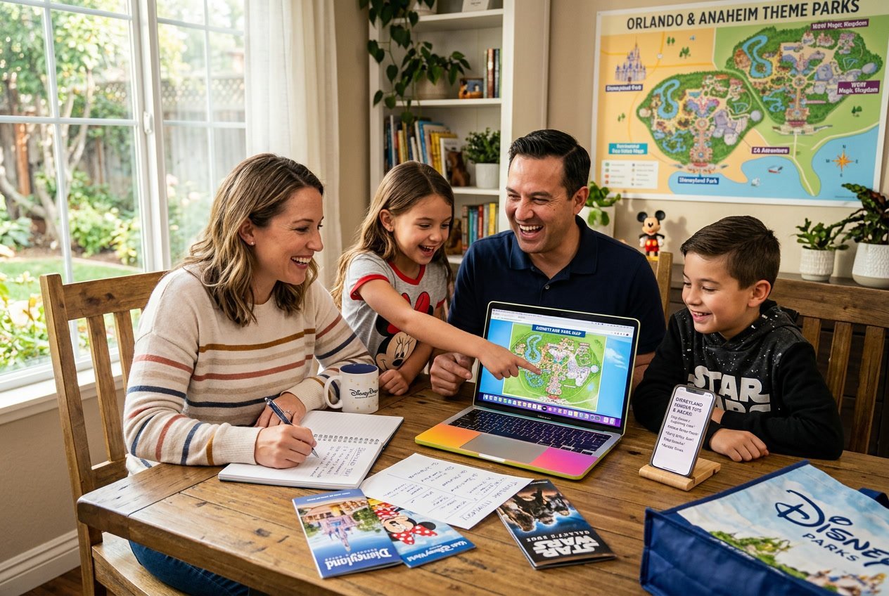 A family planning their Disneyland trip together using a laptop and maps at a home table.