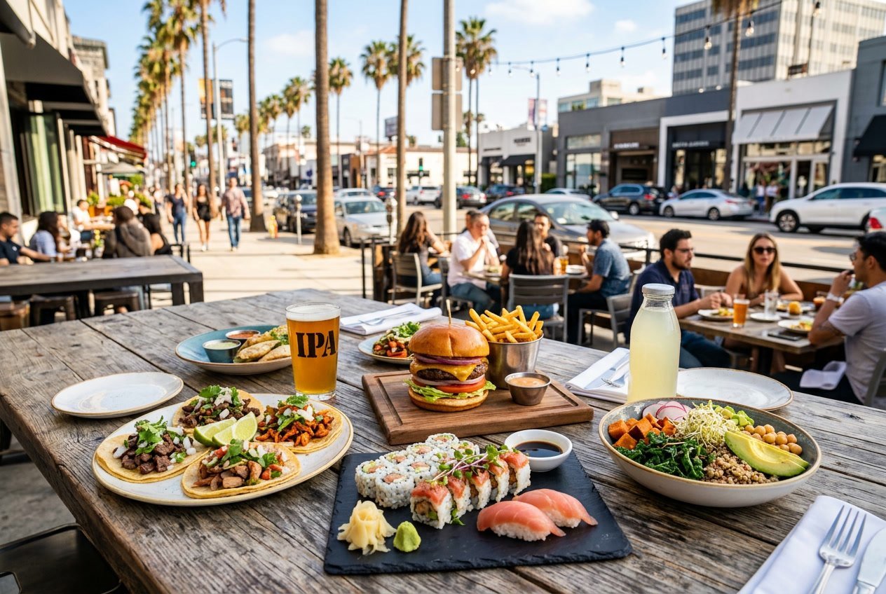 A variety of popular Los Angeles dishes displayed on a wooden table with a sunny outdoor street and palm trees in the background.