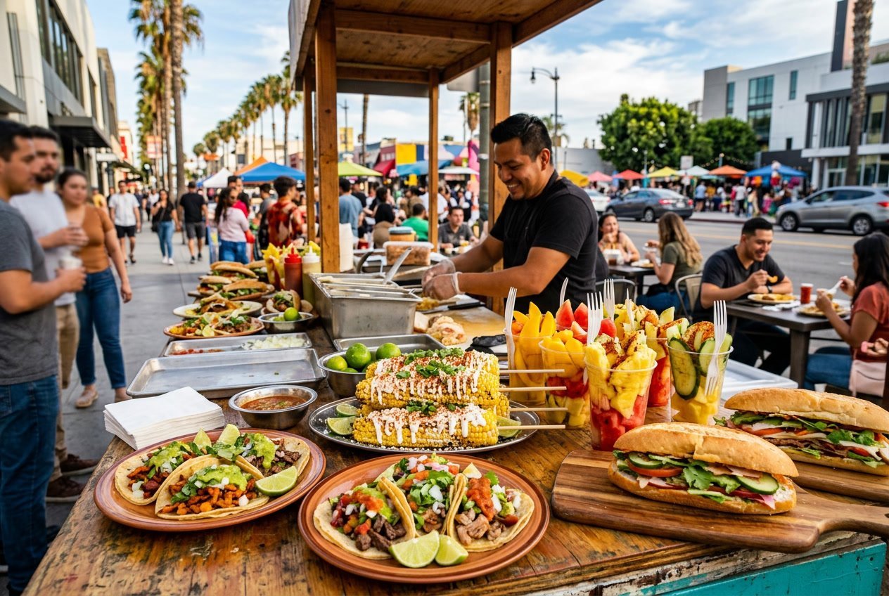 A busy outdoor street food stall in Los Angeles serving tacos, street corn, and fresh fruit with people enjoying food in an urban setting.