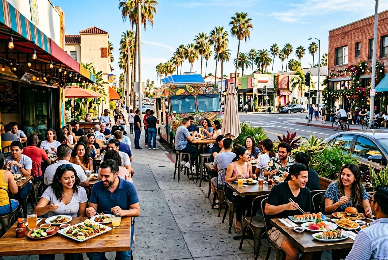 People enjoying diverse food outdoors at busy Los Angeles restaurants and food trucks on a sunny day.