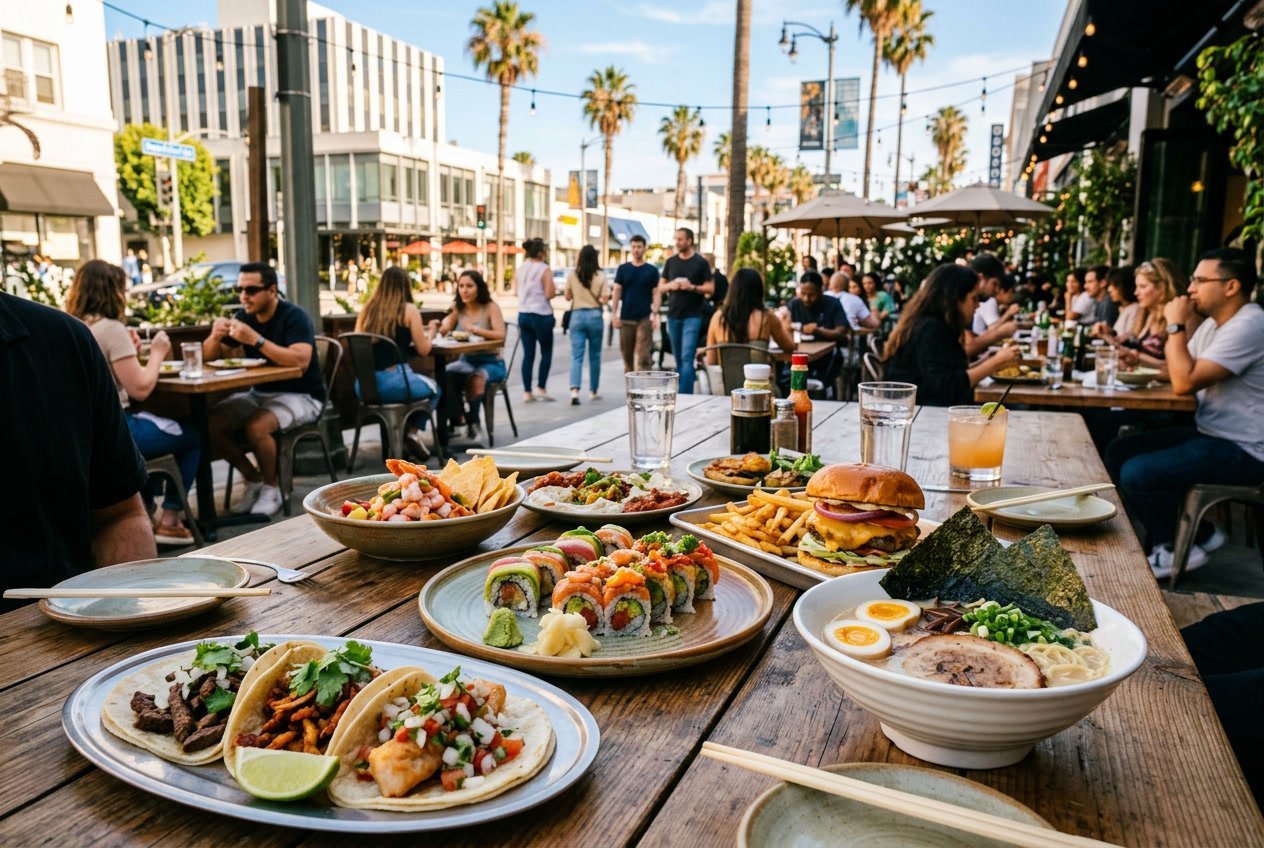 A variety of colorful dishes from different cuisines displayed on a table outdoors with a busy Los Angeles street and palm trees in the background.