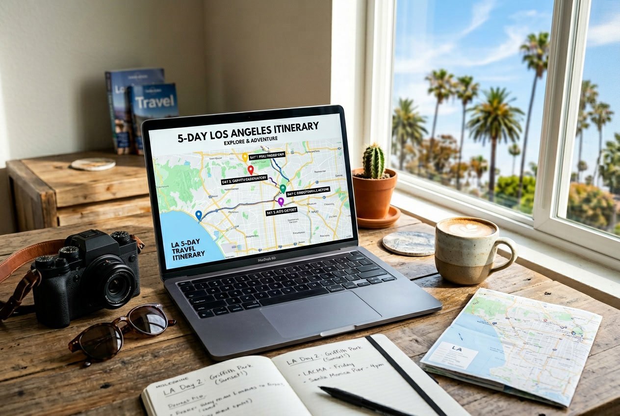 A workspace with a laptop showing a Los Angeles travel itinerary map, surrounded by travel items like a camera, sunglasses, coffee, and a notebook, with sunlight and palm trees in the background.