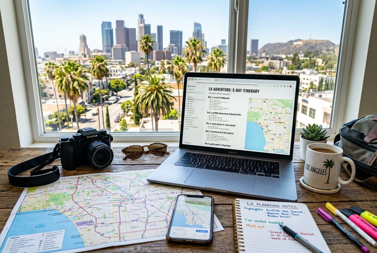 A workspace with a laptop, map, camera, sunglasses, and notebook arranged for planning a trip to Los Angeles, with a sunny cityscape visible through a window.
