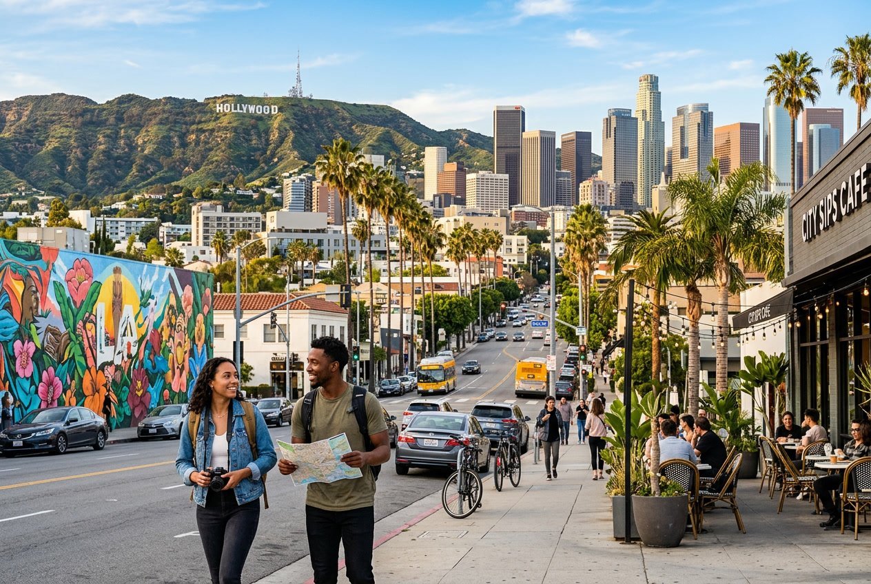 Panoramic view of Los Angeles with the Hollywood Sign, downtown skyline, palm trees, and travelers exploring a colorful street mural and outdoor café.
