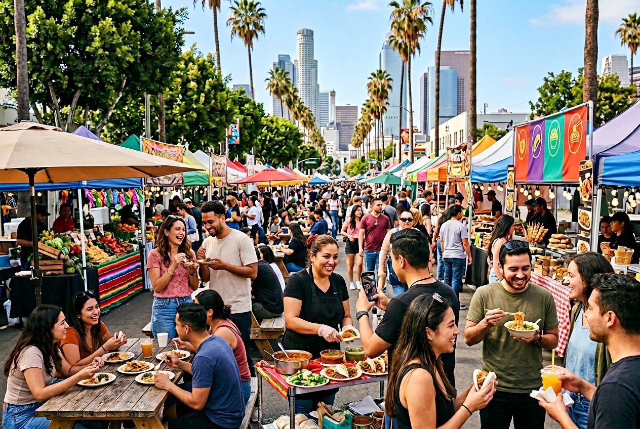 People enjoying food at an outdoor Los Angeles market with colorful stalls and palm trees in the background.