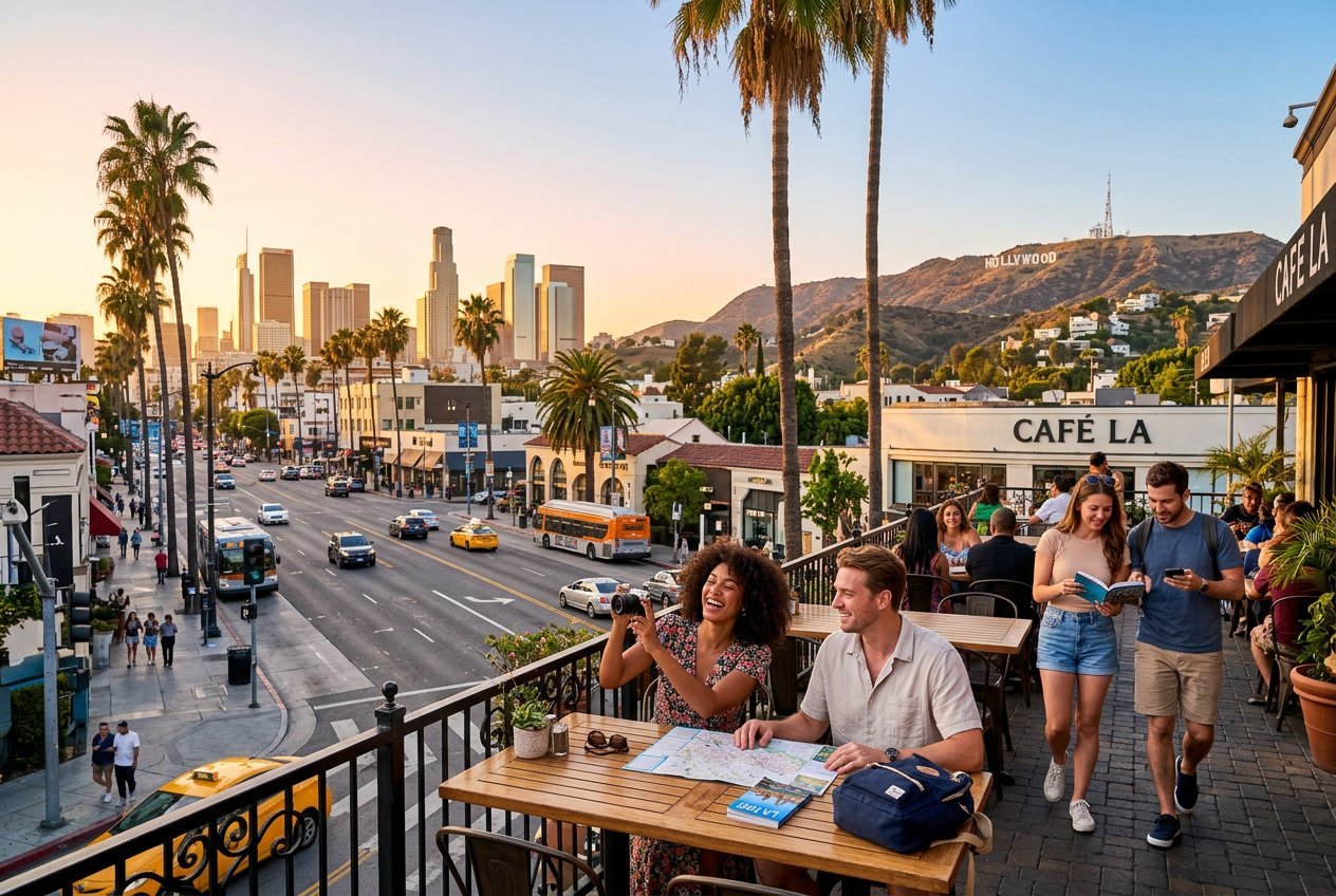 Sunlit Los Angeles cityscape with the Hollywood Sign, palm trees, downtown skyscrapers, and tourists enjoying outdoor activities.