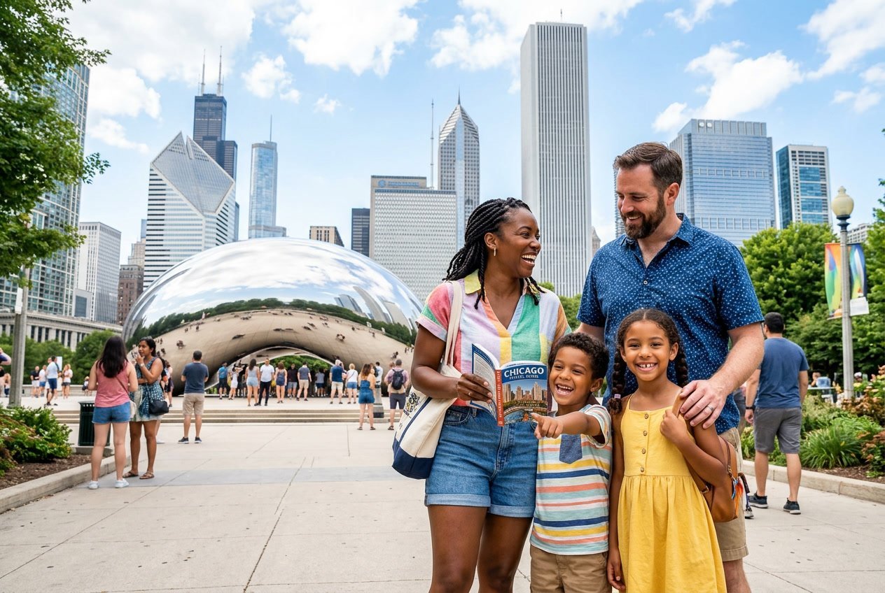 A family of four smiling and posing near the Cloud Gate sculpture with the Chicago skyline in the background on a sunny day.
