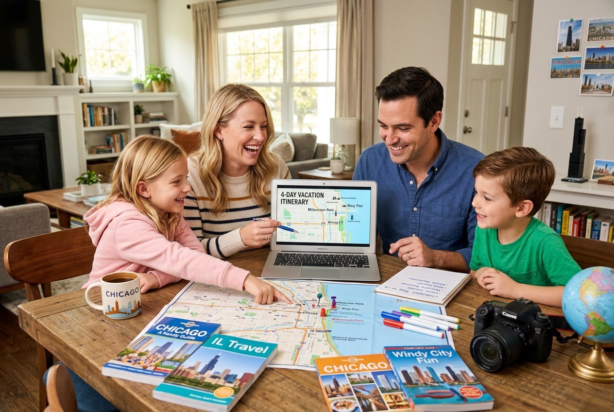 A family of four planning a trip together at a table with maps and a laptop showing a Chicago city map.