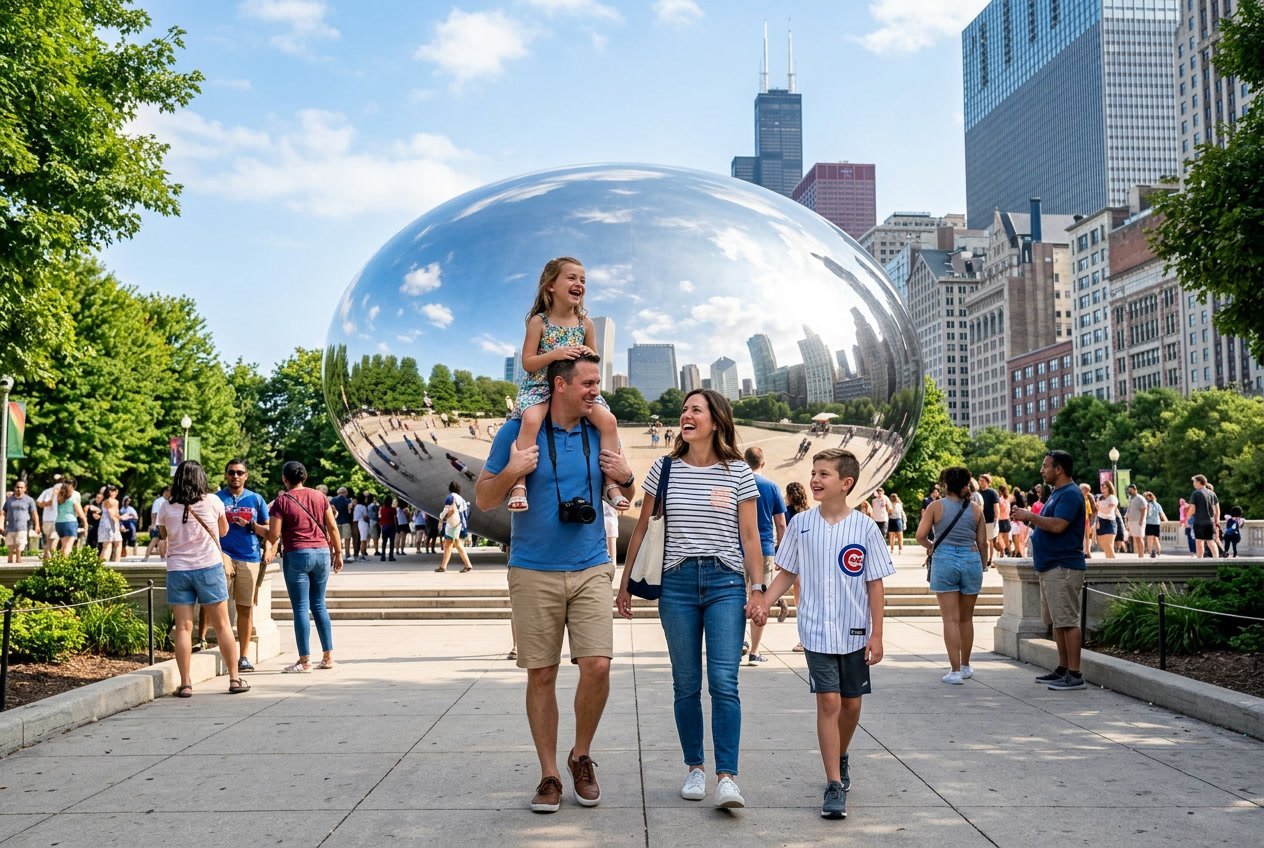 A family of four smiling and enjoying their visit to Chicago's Cloud Gate sculpture on a sunny day.
