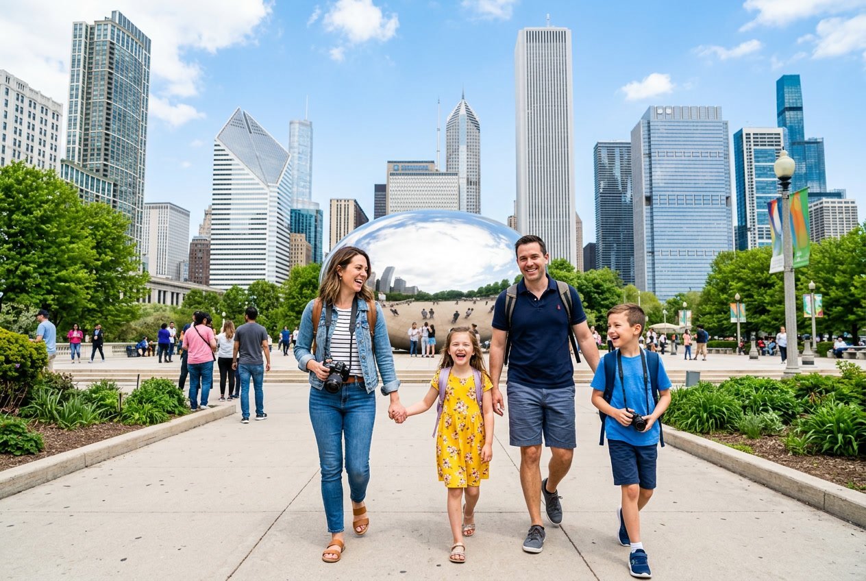 A family of four enjoying a sunny day visiting Chicago landmarks with the city skyline in the background.
