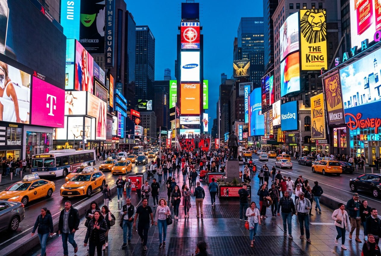 Crowded Times Square in New York City with bright billboards, people walking, and yellow taxis on the street.