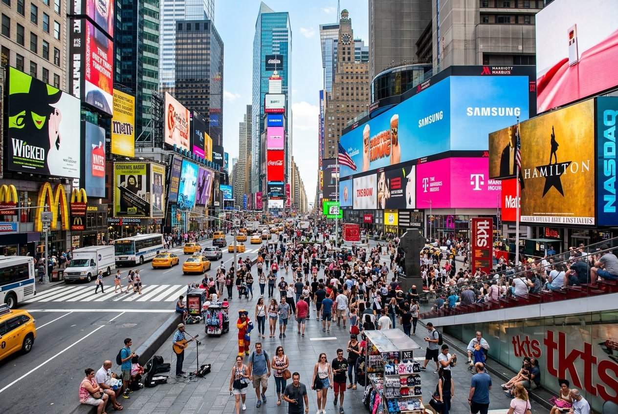 Crowded Times Square in New York City during the day with people walking, bright billboards, yellow taxis, and street performers.