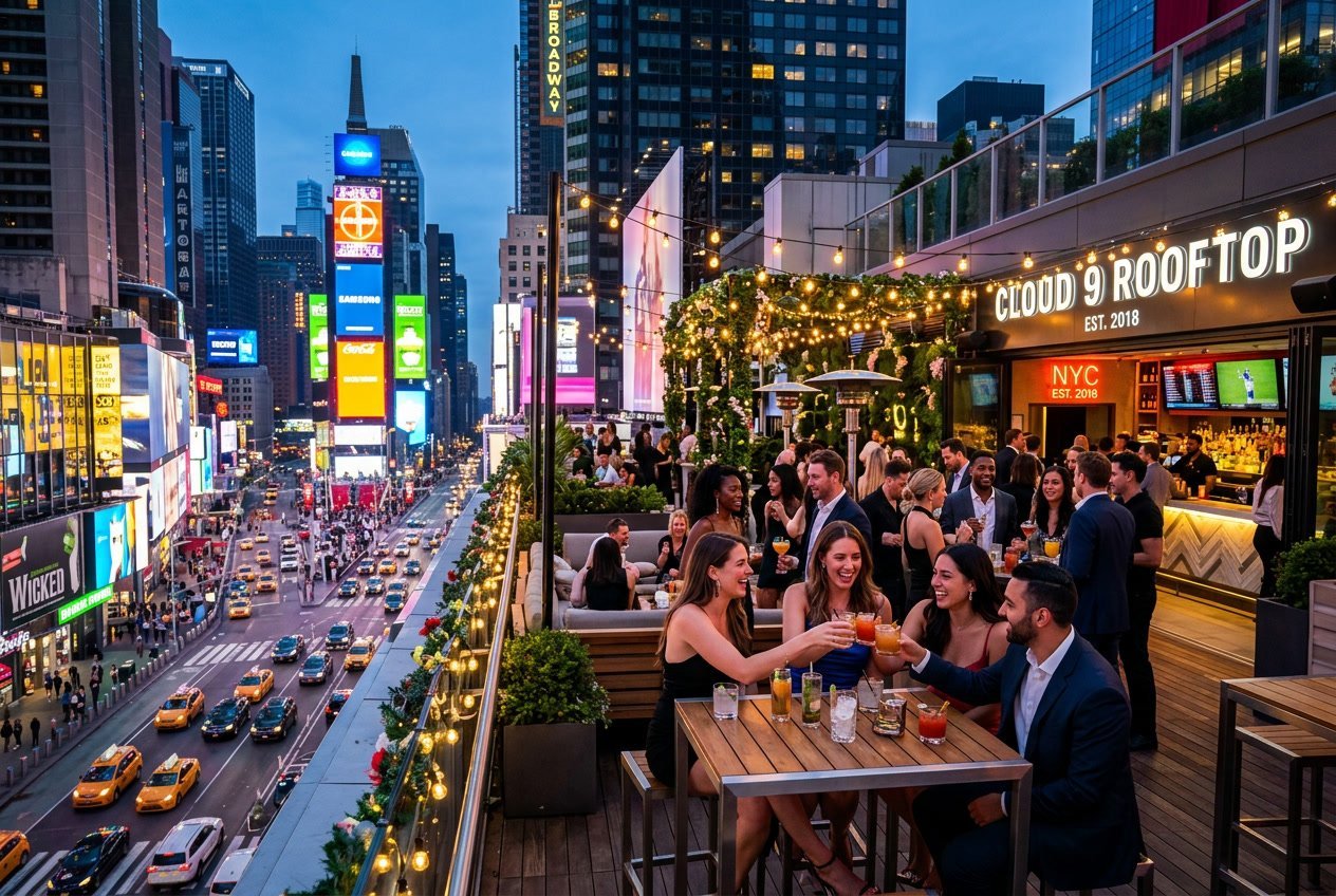 People socializing at a rooftop bar with a view of Times Square and New York City skyline at dusk.