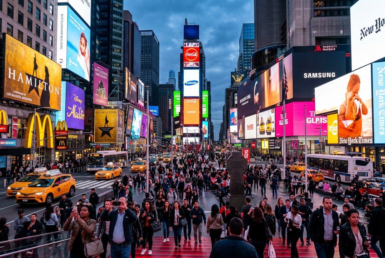 Crowded Times Square in New York City with bright billboards, people walking, and yellow taxis on the street at dusk.