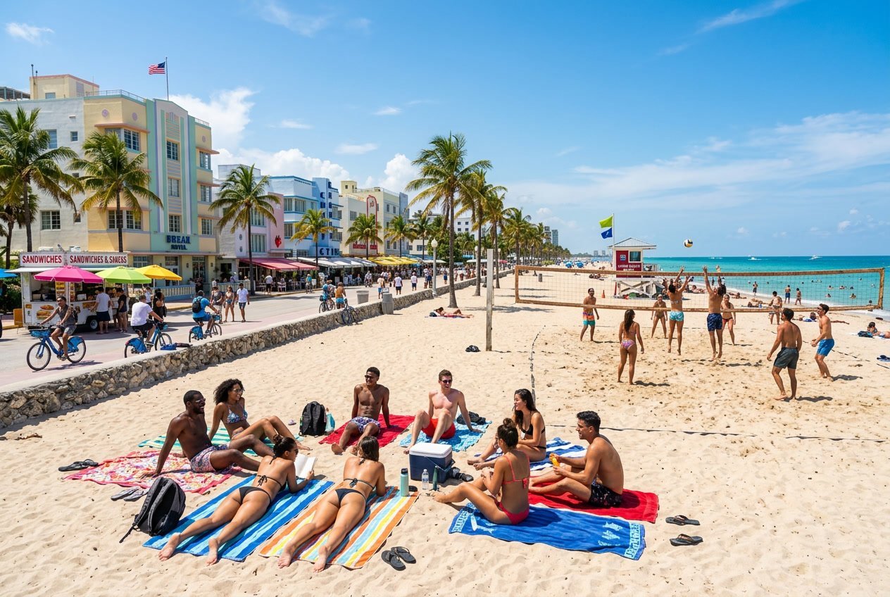 People enjoying a sunny day on Miami Beach with colorful buildings, palm trees, and ocean in the background.