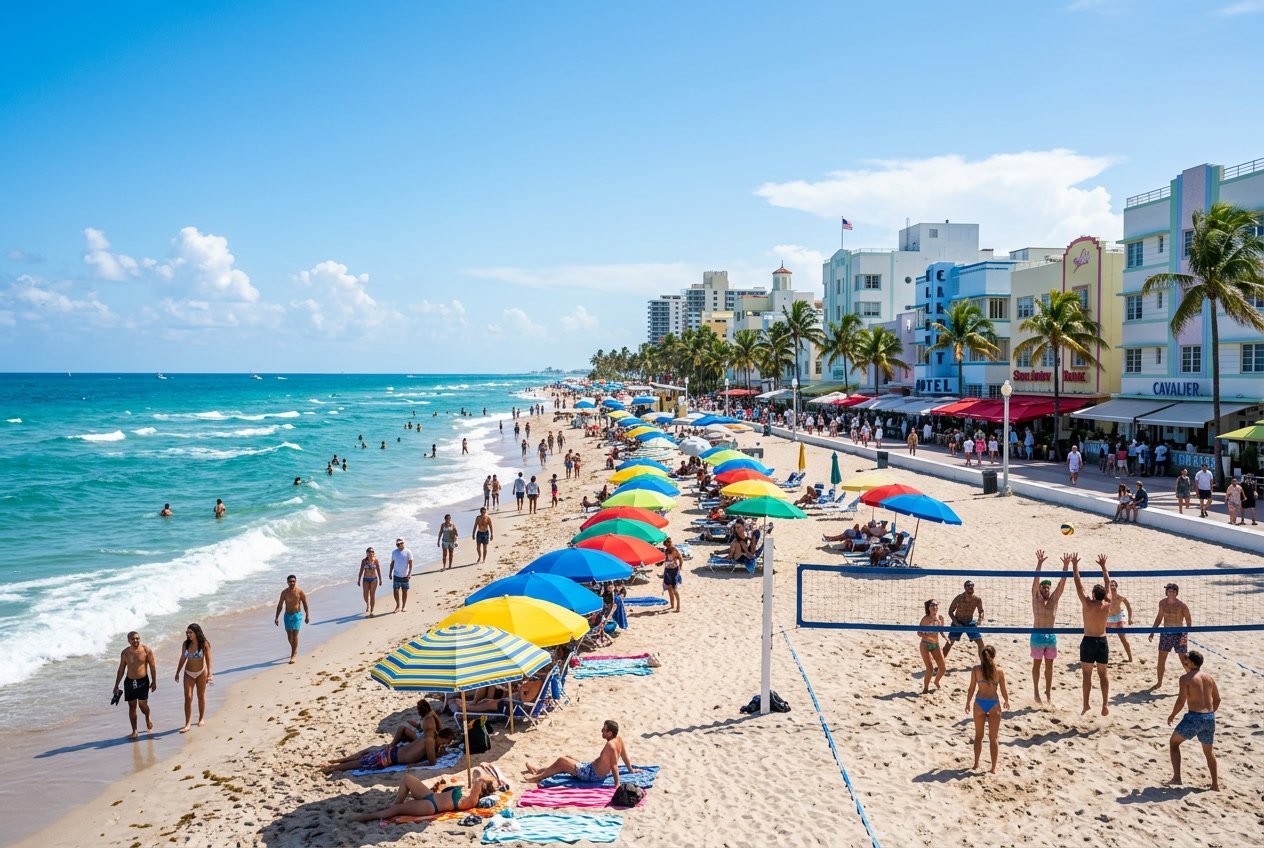 Sunny Miami Beach with people enjoying the sandy shore, turquoise ocean, palm trees, and colorful Art Deco buildings in the background.